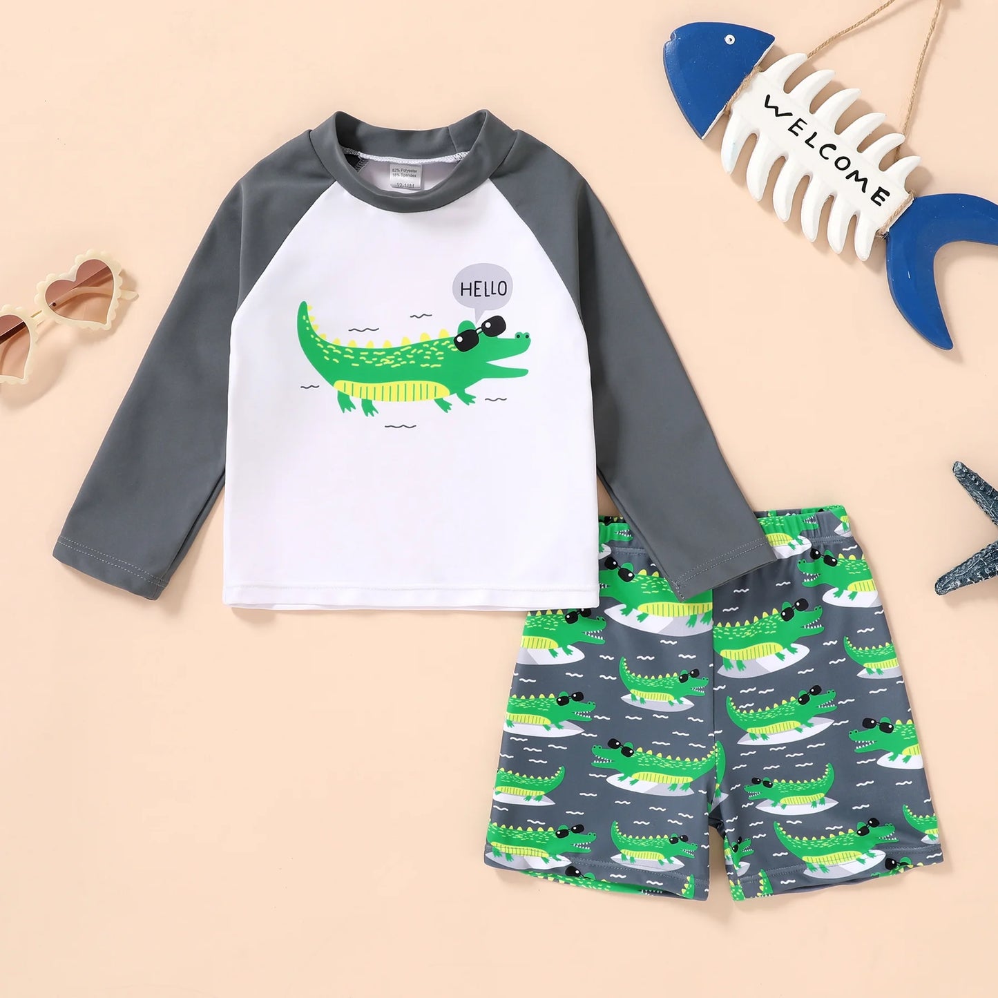 Toddler Baby Boys Swimsuits Trunk Rashguard Long Sleeve Top Shorts Two Pieces Bathing Suit Swimwear Outfit for 6-9 Months
