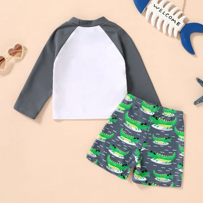 Toddler Baby Boys Swimsuits Trunk Rashguard Long Sleeve Top Shorts Two Pieces Bathing Suit Swimwear Outfit for 6-9 Months